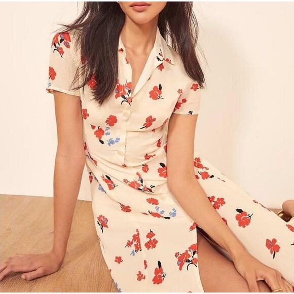 Reformation Shelia Midi Shirt Dress Womens 6 Cream Red Poppy Floral Boho - Picture 1 of 12